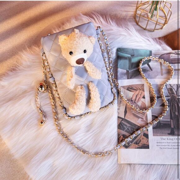 Montana West Crossbody Purse Gray Small Teddy Bear Quilted Bag Chain Strap SM3 - Picture 4 of 9